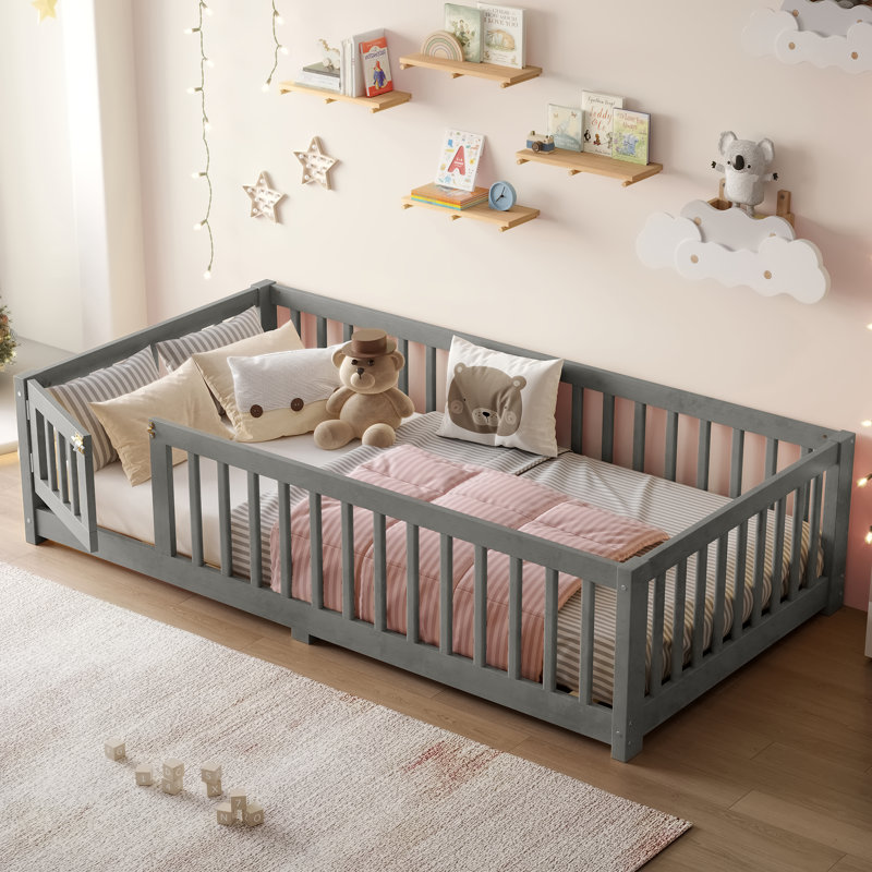 Twin Size Bed Floor Bed with Safety Guardrails and Door for Kids, Wood grain gray., Twin