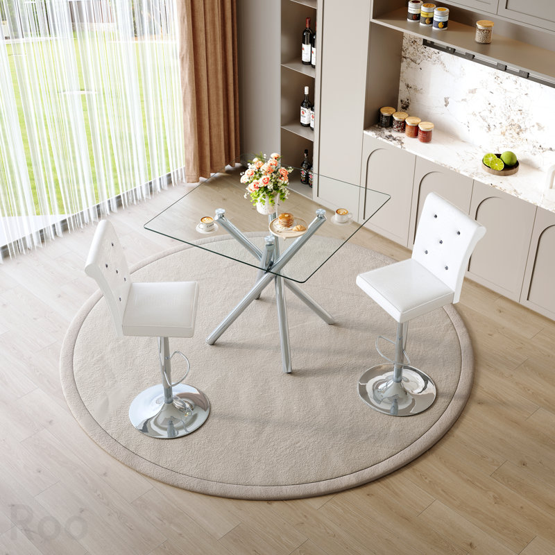 Ensemble de 2 tables de bar et tabourets de bar réglables en verre Modern, Argent, White/Silver