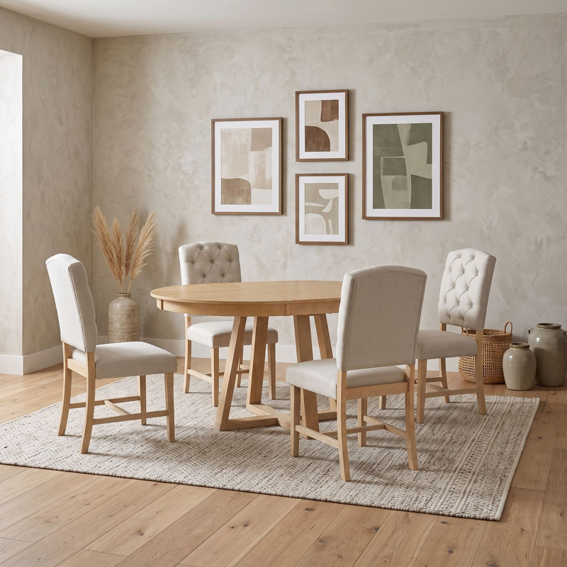 Ensemble de salle à manger rond extensible cinq pièces avec quatre chaises rembourrées, Natural