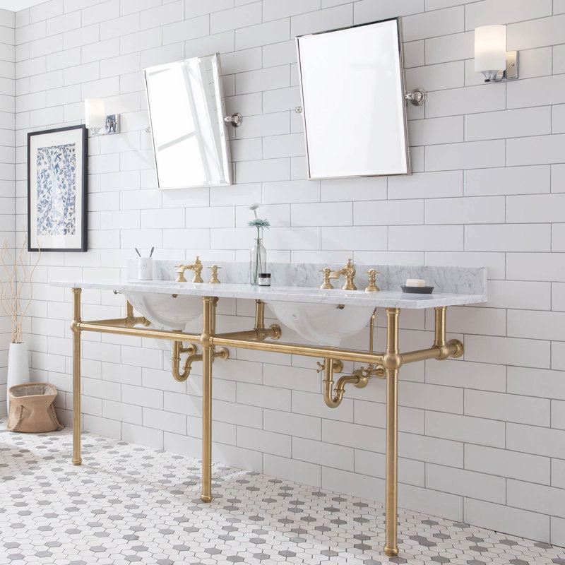 Embassy Stone Oval Console Bathroom Sink with Faucet and Overflow, Satin Brass