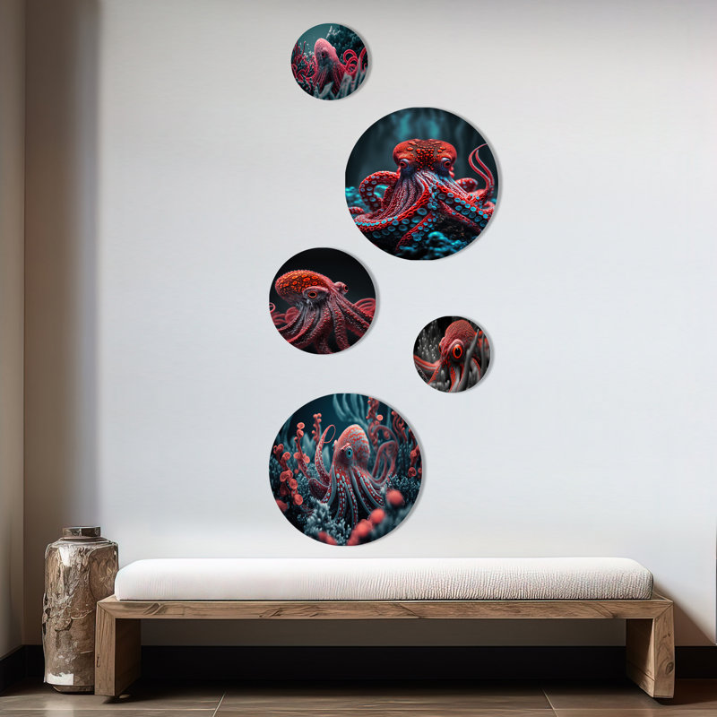 Ensemble de 5 décorations murales pieuvre rouge sur l'océan