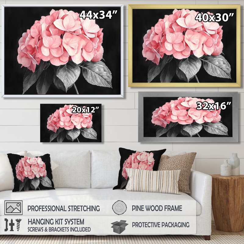 Hortensias avec une douce floraison de roses I - impressions sur toile d'hortensias, H 30 po x l 40 po, Toile tendue