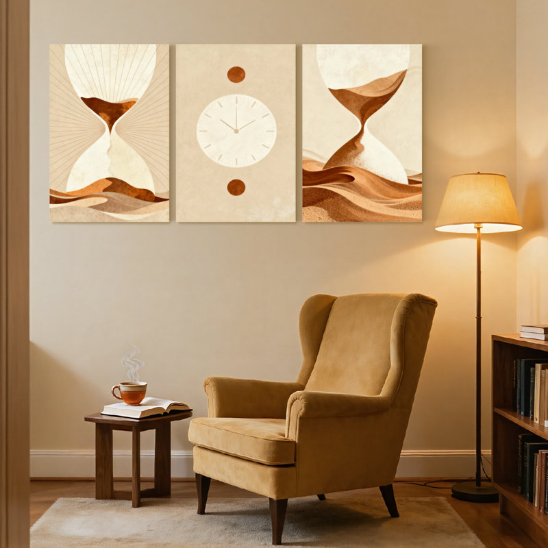 Abstrait abstrait sablier horloge désert, ensemble de 3 impressions sur toile, H 18 po x l 36 po