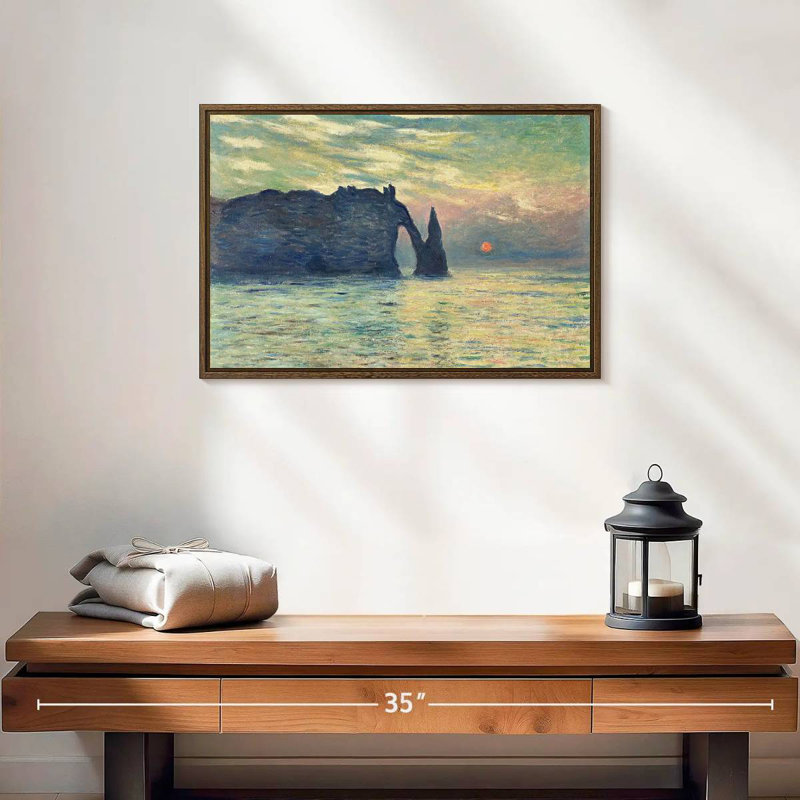 Coucher de soleil sur la falaise d'Etretat, 19 po x 13 po, Cadre flottant noyer