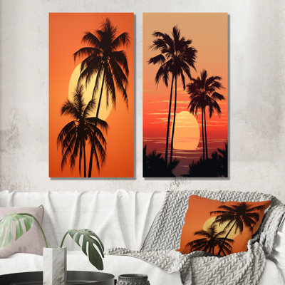 Tangerine crépuscule palmier coucher de soleil - ensemble de 2 palmiers et palmiers