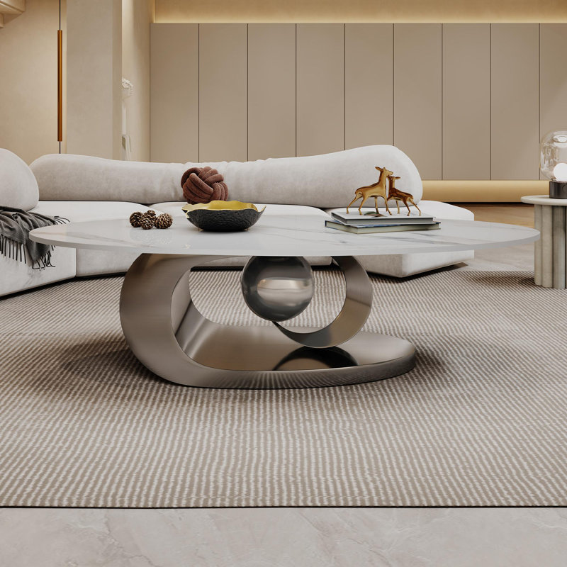 Table basse ovale en faux marbre, Argent argent