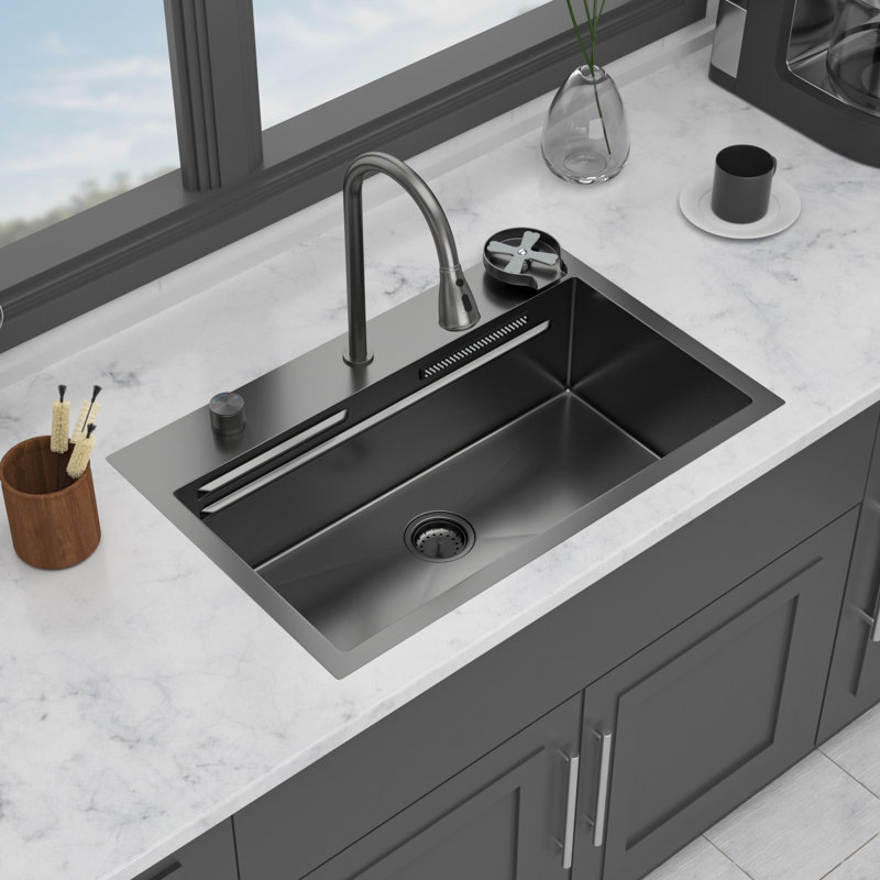 Évier de cuisine en acier inoxydable à simple cuve de calibre 16 de 31,5 po x 21 9,4 po de calibre 16 avec design en cascade, rince-gobelets et goutte à goutte N303