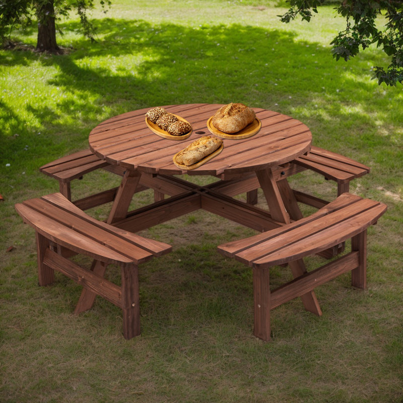 8-Person Round Outdoor Wooden Picnic Table with 4 Built-in Benches and Umbrella Hole – Fir Wood, 2220 lb Weight Capacity