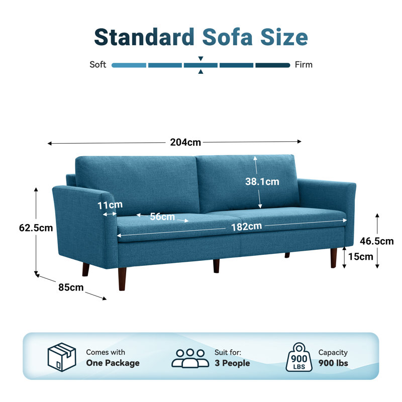Cicero 204Cm Linen Flared Arm Sofa, Grey 