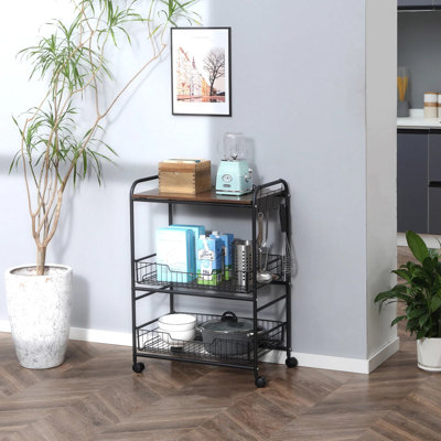 Walnut 3-tier Mobile Kitchen Trolley, Versatile Rolling Storage Cart With Pull-out Baskets And Side Hooks For Kitchen, Dining Room, Coffee Bar