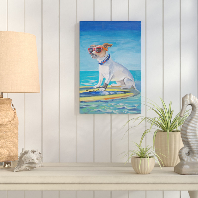 « cool surf dog », reproduction de peinture à l’huile sur toile tendue, H 36 po x l 24 po x P 1,5 po