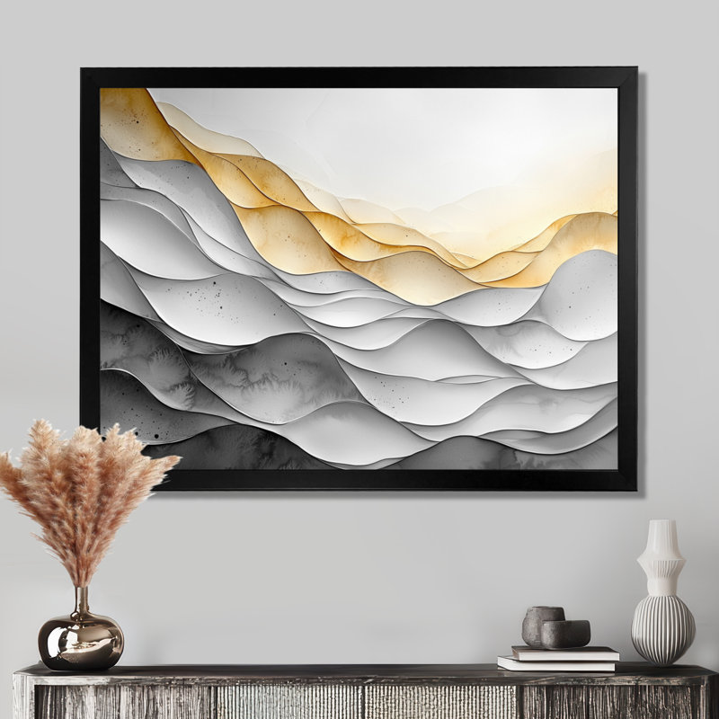 Oletha blanc jaune aurore vague du temps II - Constructivisme, art mural, H 30 po x l 40 po, Noir, Cadre flottant