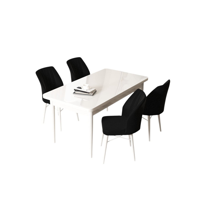 Ensemble de table et chaises de salle à manger moderne 5 pièces, blanc et noir | Table en carton 100% enduit de mélamine, table: 43,3 po x 29,9 po x 29,9 po | Chaises: 17,7 po x 35,4 po x 16,5 po | Pieds en bois et structure en métal, dossier en mousse confortable 22 pouces et siège en mousse 28 pouces