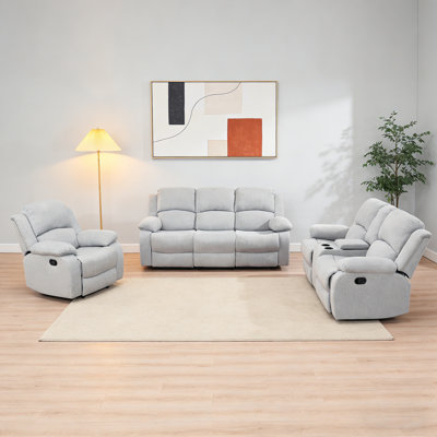 3-Piece Reclining Sofa Set, Grey/White Linen Fabric Manual Recliner Couch With Cup Holders, Storage Console, Flip-Up Table, Living Room Furniture Set For Home, Apartment, Office