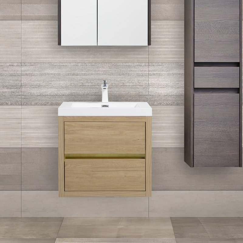 Meuble-lavabo mural 24 po, brillant, Bois naturel