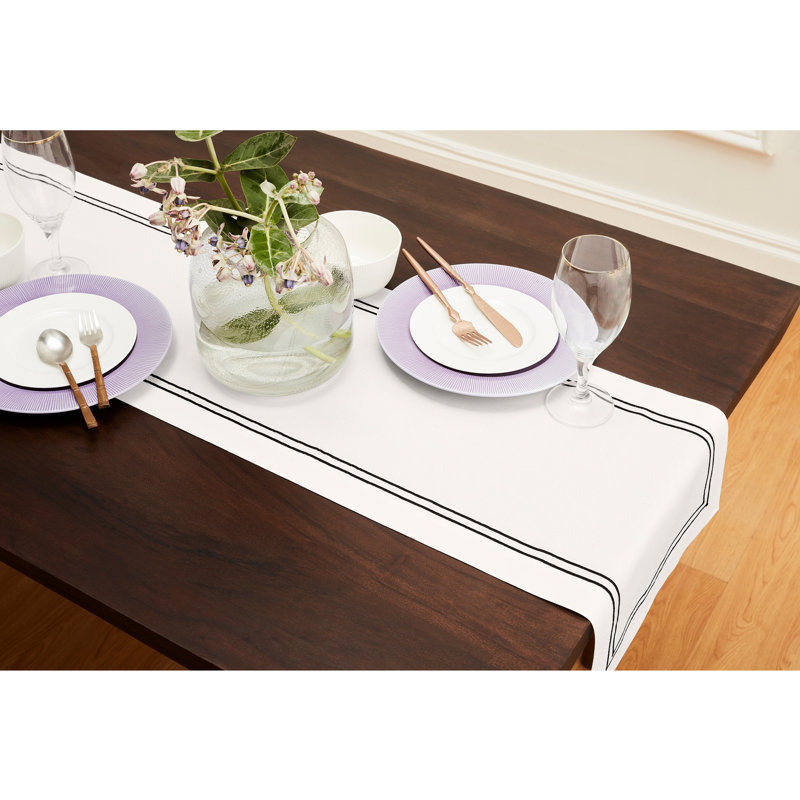 Positano Cotton Linen Table Runner, White and Black, 36" x 14"