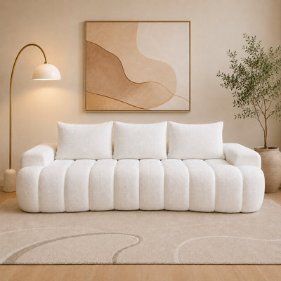 AUKFA 100" Oversized Curved Boucle Sofa, 3-Seat Compressed Cloud Couch with Channel Tufting, High-Resilience Foam, No Assembly Modern Sofa for Living Room, White