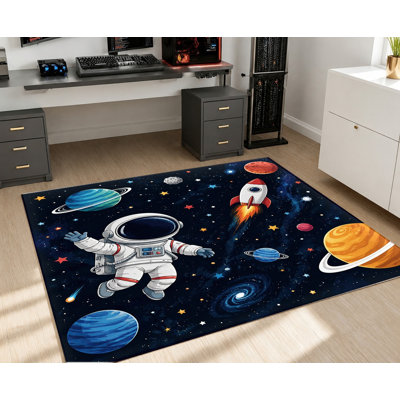 Space Astronaut Rocket Planets Pattern Area Rug, Fun Cartoon Design, Non-Slip Floor Carpet, Vibrant Indoor Home Decor for Room, Game Room, Living, Bedroom, Dormitory, Dormitory, Apartment