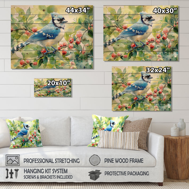 Geai bleu perché sur une branche III - Décoration murale en bois d'oiseau - sur bois de pin naturel, H 34 po x l 44 po