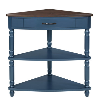 33.8'' Navy Blue And Top 3 Tier Small Triangle Corner Table With Solid Wood Legs, Perfect For Living Spaces In Rooms Balconies, Quick Easy To Assemble Space Utilizing Finish, Waterproof Tabletop,