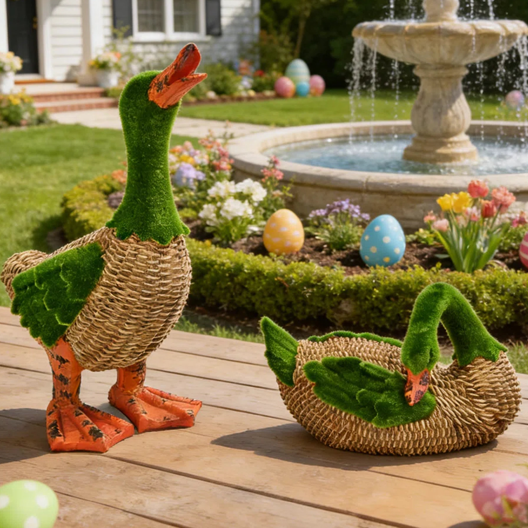 2PCS Easter Moss & Rattan Duck Decor Set - Whimsical Spring Duck Figurine For Home, Table, Or Garden - Cute Easter Holiday Decorations