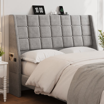 Tête de lit ergonomique rembourrée à oreilles avec station de charge USB et poches de rangement, lin capitonné, cadre de lit compatible