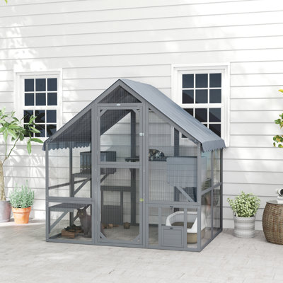 Large Catio Outdoor Cat Enclosure, Wooden Cat House for Multiple Cats, with Waterproof Cover, 2 Condos, 4 Platforms, Bridge, Doors, Gray