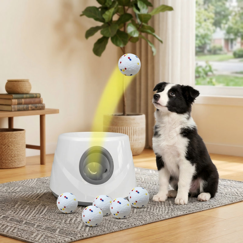 Lance-balles automatique (modèle Gary) avec 6 balles ETPU, distance réglable de 20 à 45 pi, USB rechargeable, jouet interactif pour chien, blanc