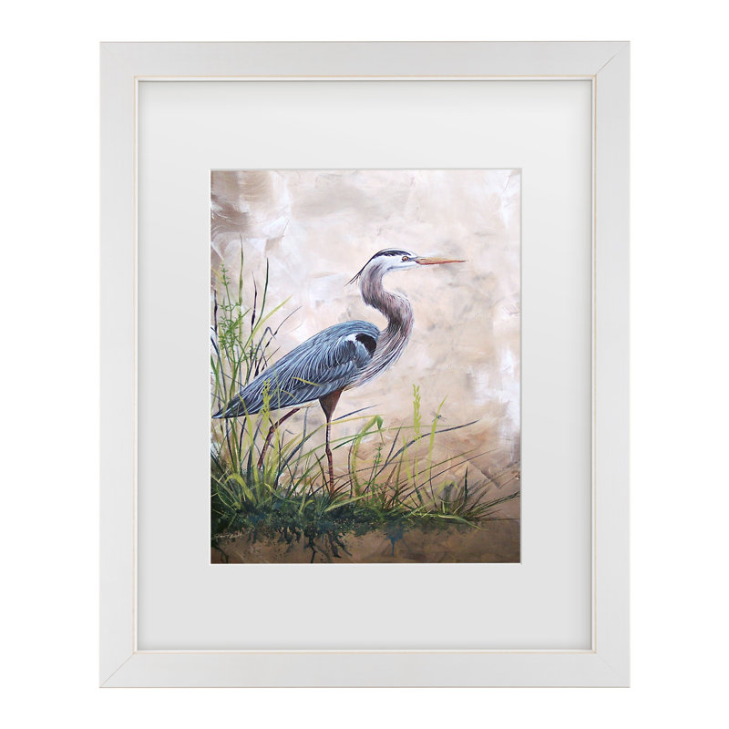 «Heron In The Reeds», art encadré par Jean Plout, H 22 po x l 18 po x P 0,75 po, Blanc