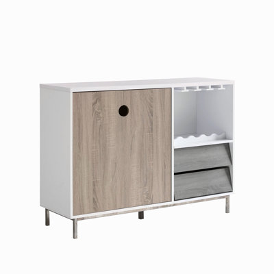 Wooden Display Rack, Cabinet With Drawer, Holds 6 Wine Glass & Dark Taupe & Distressed Grey