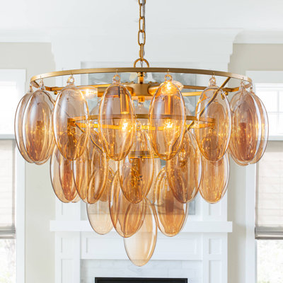 24" 6-Light Modern Brushed Gold Bubble Glass Tiered Chandelier, Adjustable Height 22"-100" Cluster Pendant with Champagne Amber Glass Orbs for Dining Room Living Room Foyer, ETL Listed
