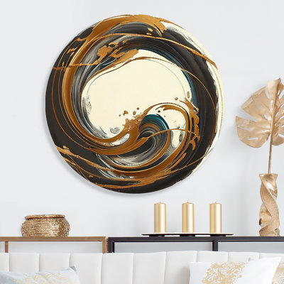 «Gold Glamour Circle I», art mural rond en marbre abstrait sur métal