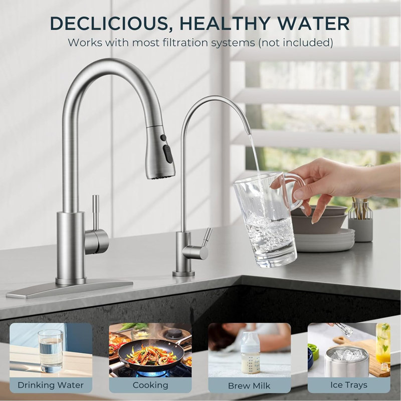 Robinet de cuisine en acier inoxydable avec pulvérisateur rétractable et distributeur de savon - Arc haut, 3 modes, poignée simple pour maison de campagne, véhicule récréatif, bar, acier inoxydable moderne