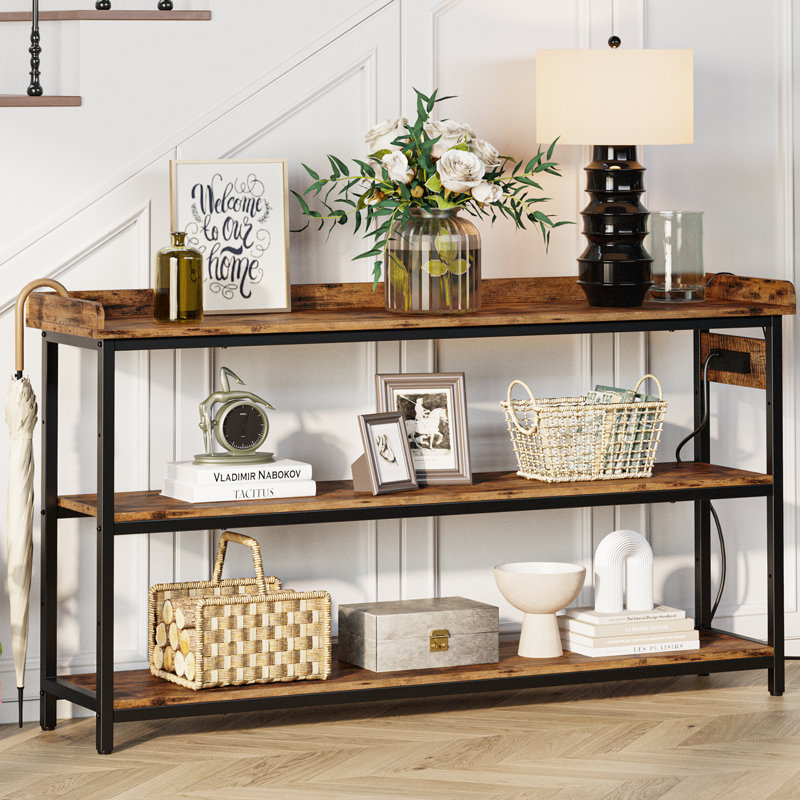 Console Table with Power Outlets, 33" H x 55" W x 13.8" D, Rustic Brown