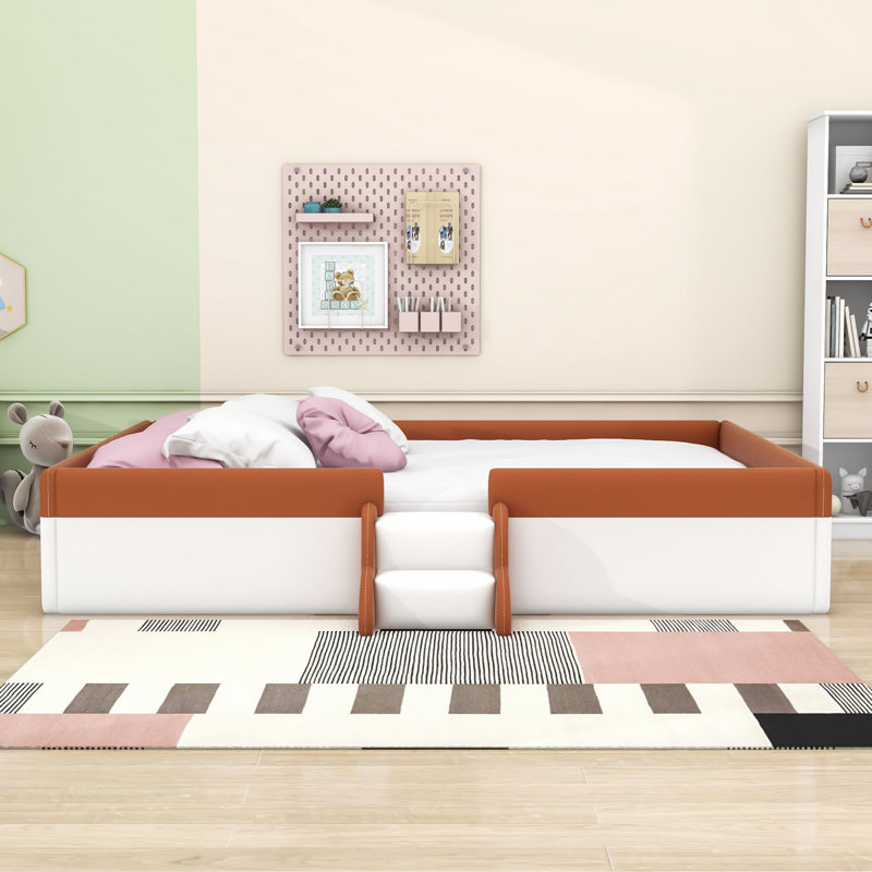 Upholstered Daybed with Guardrails and Stairs, King, White/Brown