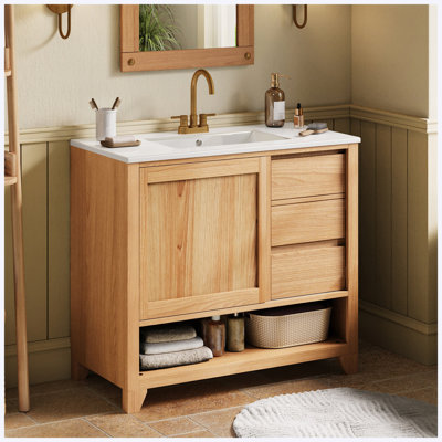 Meuble-lavabo autoportant de 91 cm (36 po) avec lavabo en céramique, tiroirs à fermeture amortie et pieds en bois massif, fini naturel
