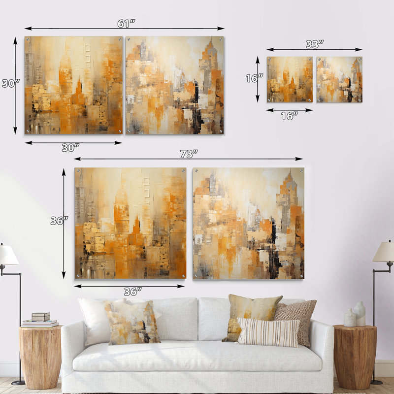 «Modern Cityscape Skycraper Bronze Blocks II» - ensemble de 2 gratte-ciel en acrylique, H 16 po x l 33 po