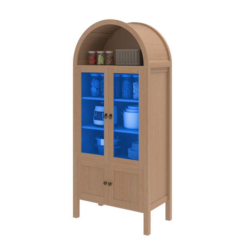 71" Tall Arched Display Cabinet With LED Light, Doors And Drawer, Natural Wood