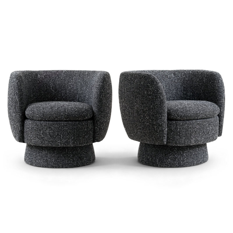 31" Wide Upholstered Tweed Swivel Barrel Accent ArmChair - 360° Rotation (2-Pack), Black, Set of 2