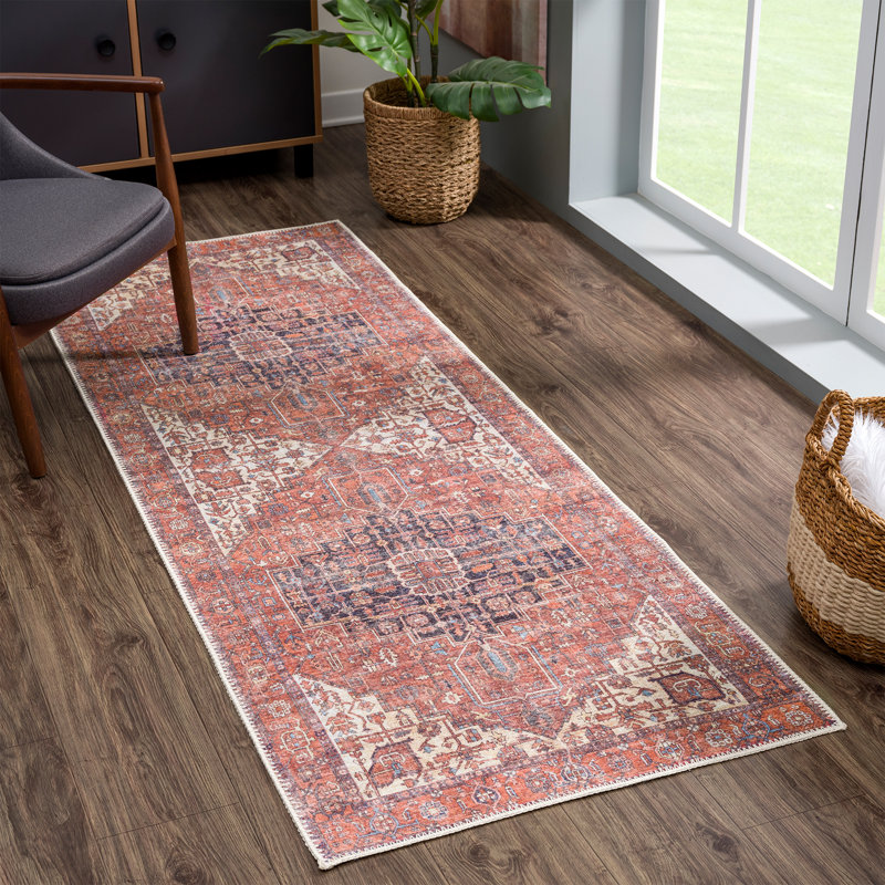 Washable Non-slip Traditional Area Rug - Red / Orange / Beige Rug for Entryway, Hallway, Bathroom, and Kitchen - Heffington