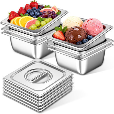 6 Pack Full Size Hotel Pans with Lids 1/6 Size 4" Deep,Stainless Steel Steam Table Buffet Pans , 6.9" L x 6.4" W