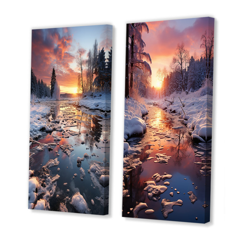 «Winter Sunset Snowfall», 2 pièces sur toile, Toile tendue, H 32 po x l 32 po