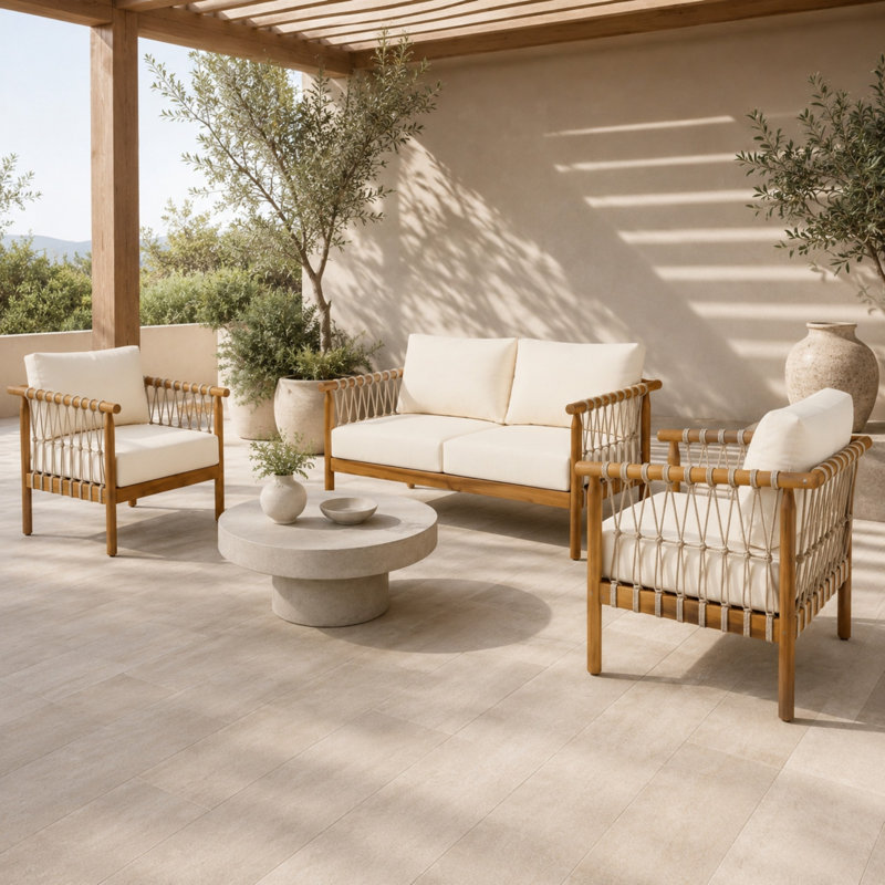 Ensemble de conversation extérieur 3 pièces en bois d'acacia avec causeuse et fauteuils, Medium Yellow Wood