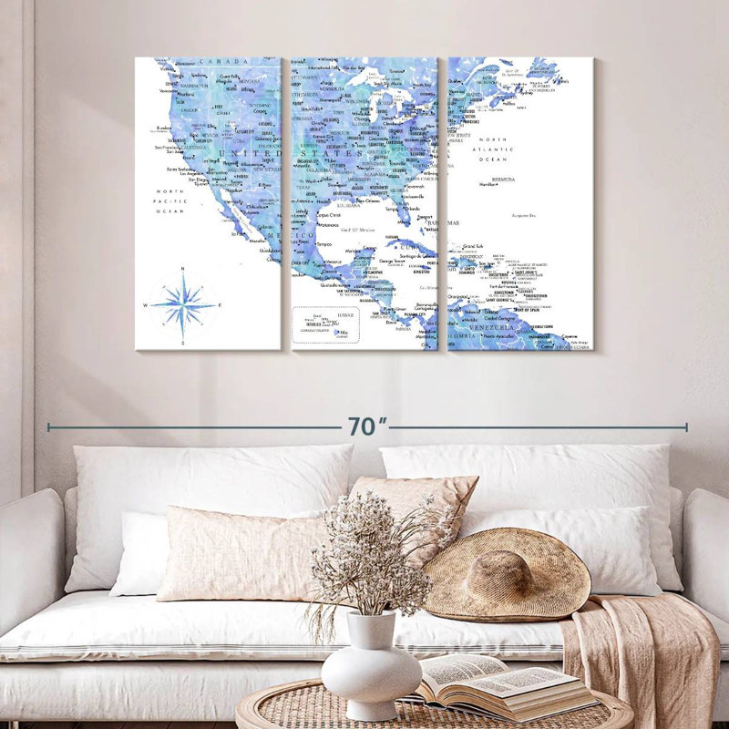 Carte bleue des États-Unis et de la mer des Caraïbes à Aliaz, H 32 po x l 50 po