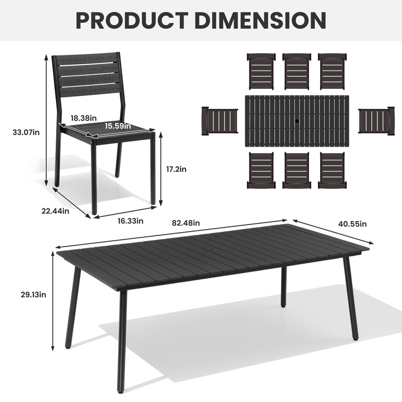 8-Person Aluminum Outdoor Dining Set With Umbrella Hole And Stackable Chairs, Black
