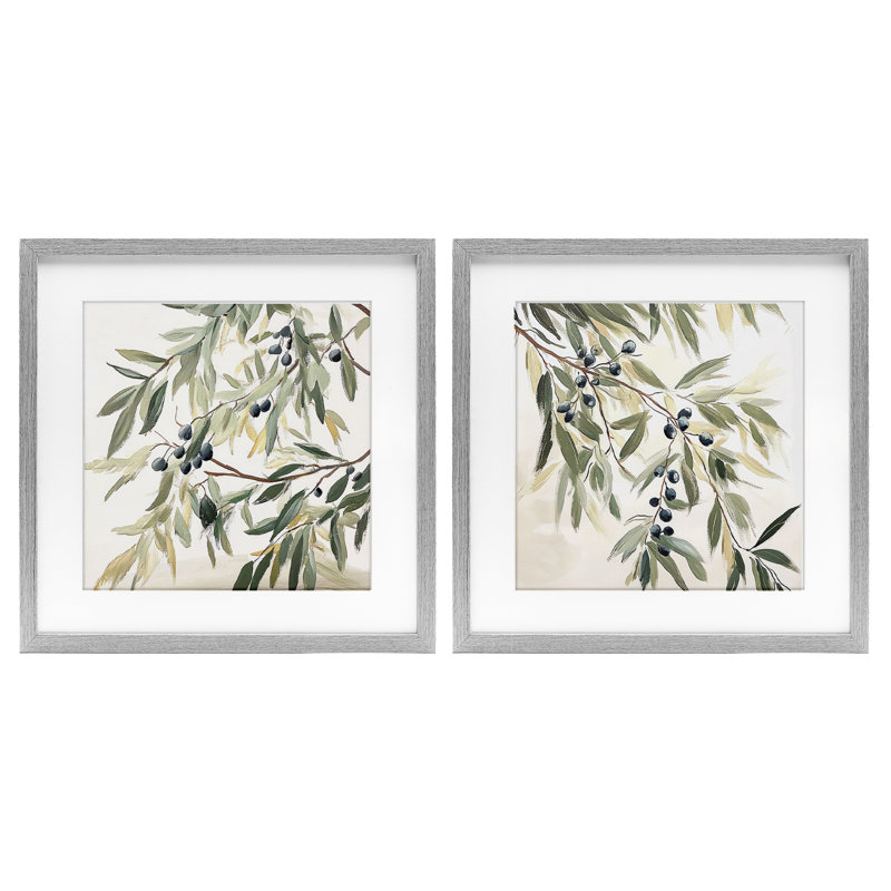 Olive Branches in Pastel 2pc Framed Print Under Glass Set, design by Mona Grace, Farmhouse Grey Frame, 13" H x 13" W