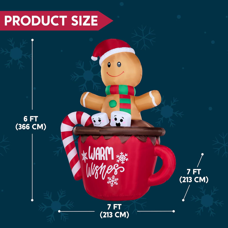 6ft Tall Christmas Inflatable Gingerbread Man in Hot Cocoa Mug