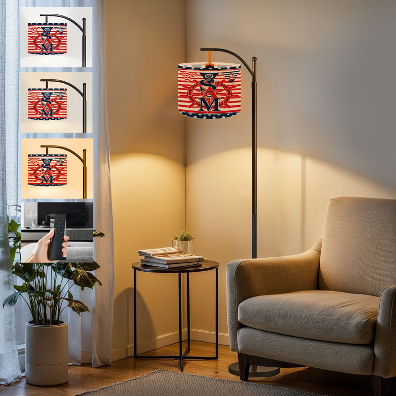  Arc Floor Lamp Nautical Ship Wheel Flag Striped Tall Modern Standing Lamp LED Adjustable Linen Lampshade 3 Color Temperatures