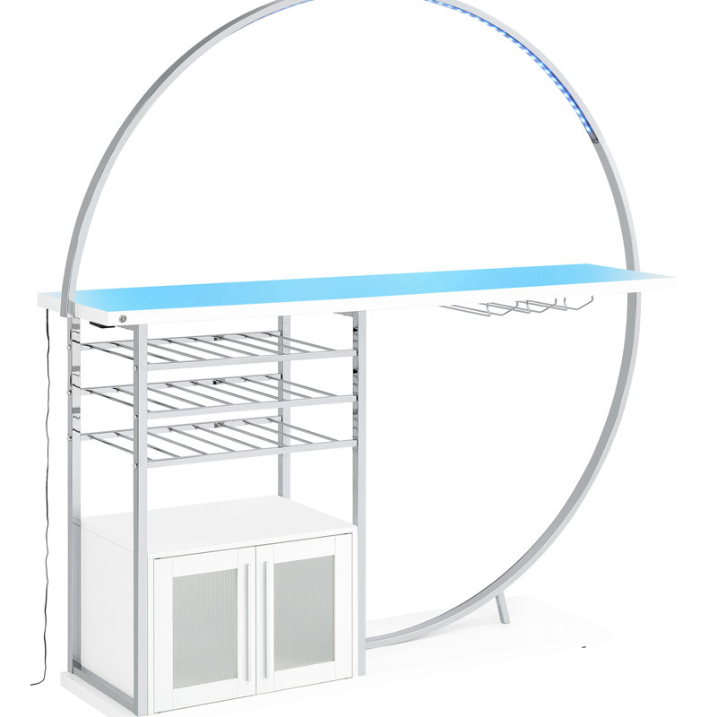 Bar moderne à 2 portes avec éclairage à DEL, étagère à verres à pied intégrée et compartiment de rangement pour bouteilles