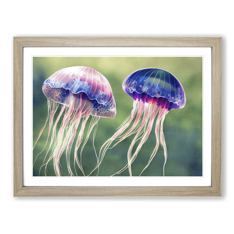 Watercolour Jellyfish - Single Picture Frame Print, 46cm H x 64cm W x 2cm D, Oak